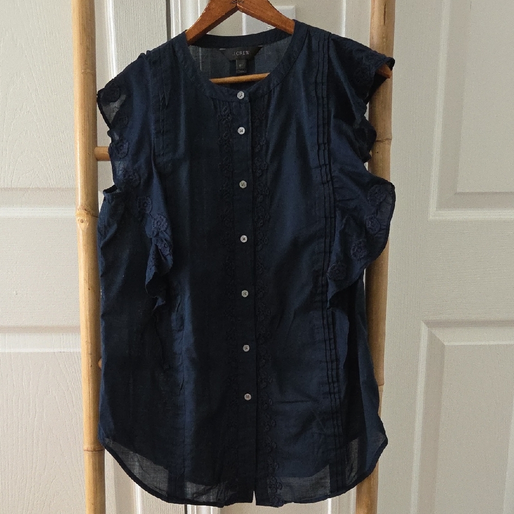 J. Crew Floral Embroidered Flutter Sleeve Blouse Cotton Navy Size 6T
